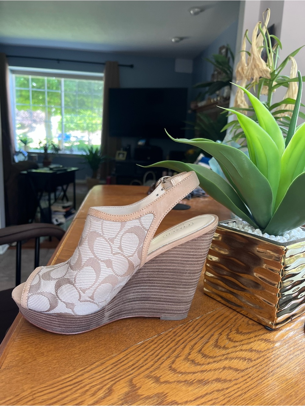 Coach Women’s Light Khaki/Sand Signature Slingback Wedge Sandal Size 9 Width M - Picture 2 of 9